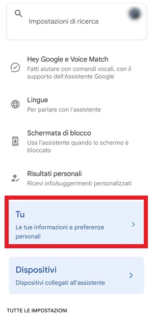 schermata impostazioni dell'assistente google con la voce tu le tue informazioni e preferenze personali evidenziata con una cornice rossa