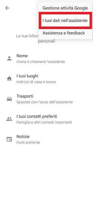 dalla schermata tu dell'assistente google è in evidenza nella finestra pop up la voce i tuoi dati nell'assistente