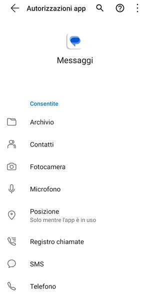 schermata autorizzazioni app dell'applicazione messaggi di google