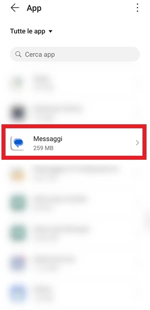 app messaggi evidenziata nell'elenco con cornice rossa