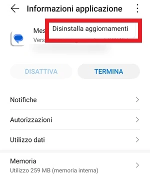 dalla pagine informazioni applicazione dell'app messaggi di google, la voce disinstalla aggiornamenti è in risalto con una cornice rossa intorno