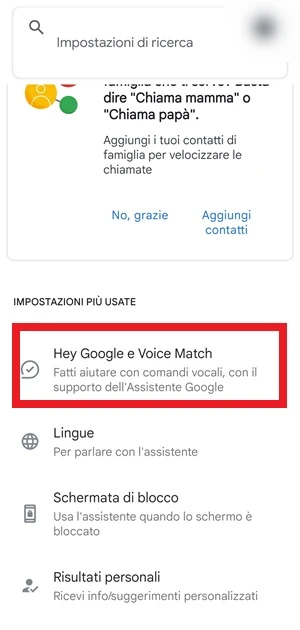 dalle impostazioni dell'app google, le voci hey google e voice match sono in un riquadro rosso che le rende più visibili delle altre voci