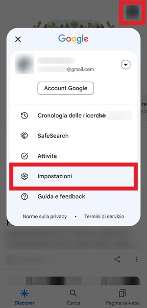 dall'app Google è in evidenza con una cornice rossa l'immagine del profilo personale e la voce impostazioni