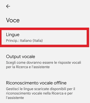 dall'app google nella sezione voce è evidenziata con un rettangolo rosso la voce lingue con selezionato la lingua italiana come principale