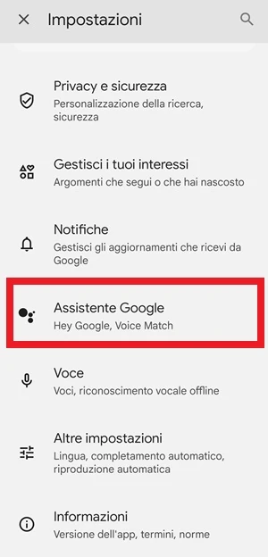 da impostazioni dell'app google, la voce assistente google è in riquadro con i bordi rossi