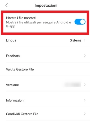 dalle impostazioni di mi file manager xiaomi, l'interruttore di fianco alla voce mostra i file nascosti è attivo