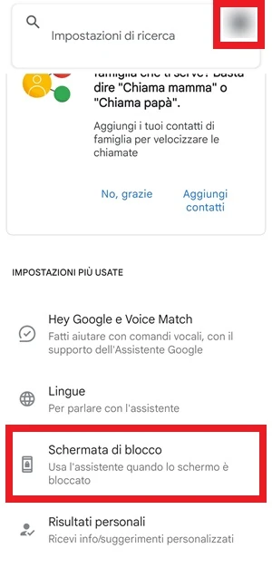 dall'app Google nelle impostazioni è evidenziato con un rettangolo la voce Schermata di blocco