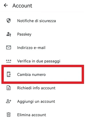 schermata account di whatsapp con selezionata la voce cambia numero