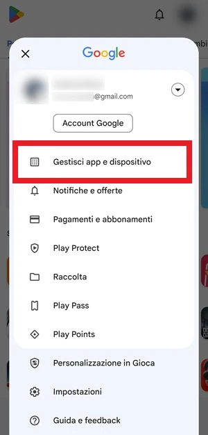 dal play store si vede la voce gestisci app e dispositivo inquadrata in rosso