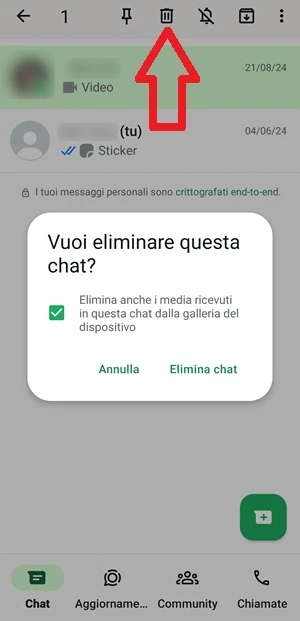 su WhatsApp è stata selezionata l'icona del cestino che è indicata con una freccia e si vede un messaggio con scritto "Vuoi eliminare questa chat?"