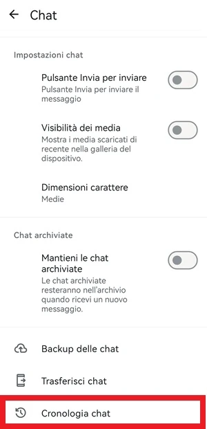 schermata chat di whatsapp con in risalto la voce cronologia chat