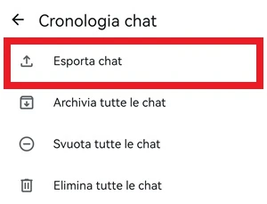 schermata cronologia chat di whatsapp con la voce esporta chat evidenziata