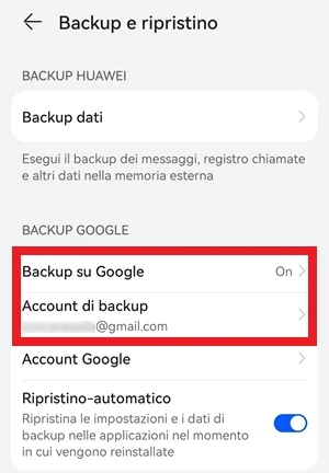 dalla pagina backup e ripristino delle impostazioni di android, le voci backup su google e account di backup hanno un riquadro rosso intorno