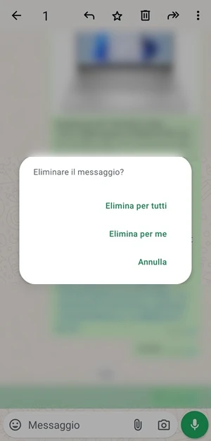 dalla chat di whatsapp in un messaggio popup viene chiesto se eliminare il messaggio. Da qui si possono scegliere le voci elimina per tutti, elimina per me e annulla