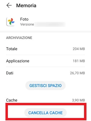 dalla schermata memoria di google foto, il pulsante cancella cache ha un riquadro rosso intorno