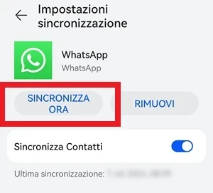 da impostazioni sincronizzazione di whatsapp il pulsante sincronizza ora è evidenziato con una cornice rossa e l'interruttore di fianco a sincronizza contatti è attivo