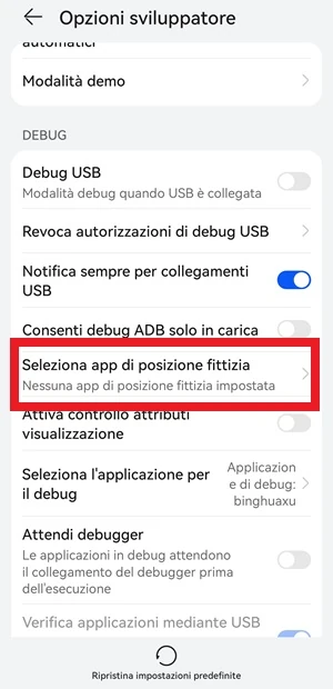 dalle opzioni sviluppatore di android la voce seleziona app di posizione fittizia è inquadrata in rosso