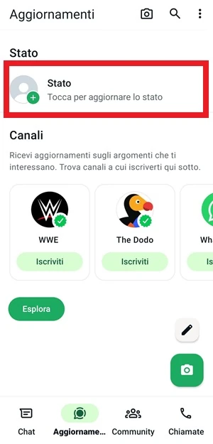 dalla sezione aggiornamenti di whatsapp, la voce stato è messa in risalto
