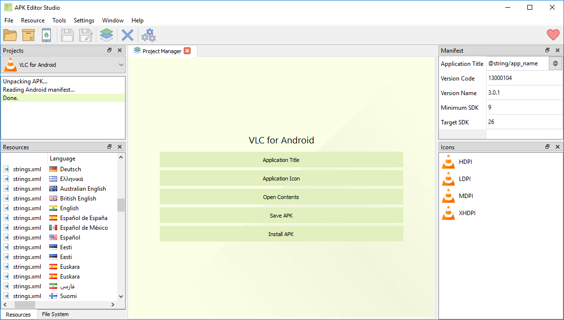 schermata apk editor studio con vlc for android come progetto
