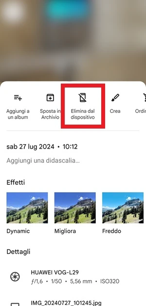 da google foto l'icona elimina dal dispositivo è in evidenza sotto la foto