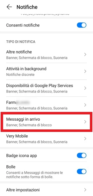 dalla sezione notifiche delle impostazioni, per l'app messaggi è in risalto la voce messaggi in arrivo