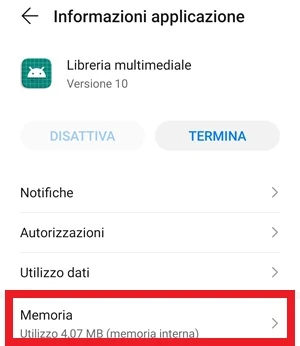 la voce memoria è in evidenza nella pagina informazioni applicazione di libreria multimediale