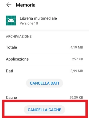 il pulsante cancella cache è in evidenza nella pagina memoria di libreria multimediale