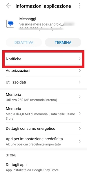 dalla schermata delle informazioni applicazione dell'app messaggi di google è in evidenza la voce notifiche con una cornice rossa