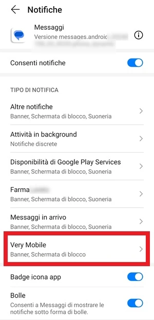 dalla schermata delle notifiche dell'app messaggi di google, la voce very mobile è in evidenza