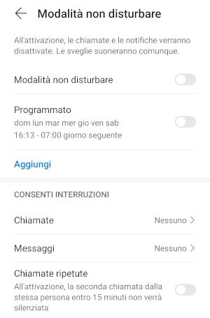 pagina della modalità non disturbare accessibile dalle impostazioni di android e da cui è possibile accedere alla programmazione dell'orario di attivazione