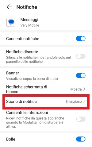 per l'app messaggi di google, la voce suono di notifica è in risalto con un riquadro intorno