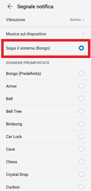 da segnala notifica per l'app messaggi, è selezionato il tono segui il sistema (bongo)
