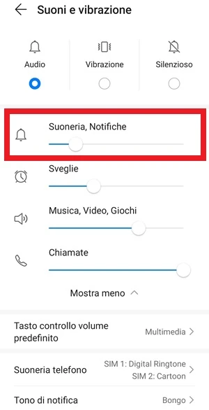 dalle impostazioni di android, nella schermata suoni e vibrazione è selezionata la voce suoneria, notifiche