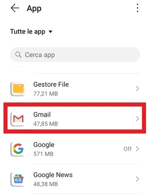 dalla lista delle app accessibile dalle impostazioni dello smartphone android, l'app gmail viene messa in evidenza con una cornice rossa