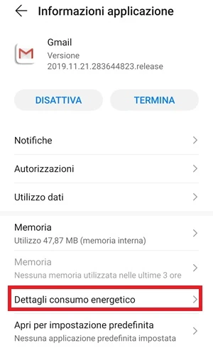 dalla schermata informazioni applicazione dell'app gmail, è in evidenza la voce dettagli consumo energetico