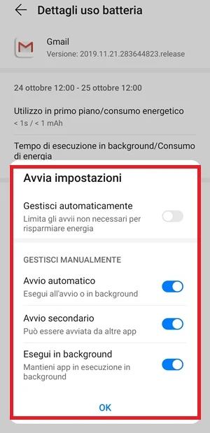 da dettagli uso batteria è in evidenza la finestra avvia impostazioni dove viene gestito l'avvio da automatico a manuale