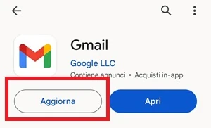 dalla pagina di download di gmail nel play store, il pulsante aggiorna è messo in evidenza con una cornice rossa