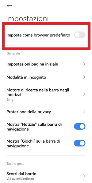 dalle impostazioni del mi browser l'interruttore di fianco a imposta come browser predefinito è disattivato