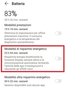 nella sezione batteria c'è evidenziata con una cornice rossa la voce Modalità di risparmio energetico