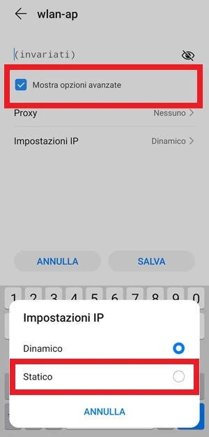 dalla schermata del nome della rete wi-fi è evidenziata la voce mostra opzioni avanzate con il segno di spunta e la voce statico di impostazioni ip