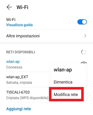 immagine wi-fi voce modifica rete con riquadro rosso