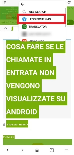dal menu la voce leggi schermo è evidenziata con una cornice rossa intorno
