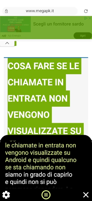 il testo della pagina web viene letto con l'apposita funzionalità che viene mostrata sul fondo dello schermo