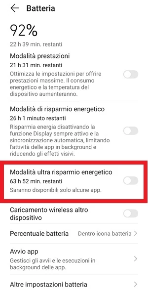 interruttore della funzione modalità di risparmio energetico che è inquadrato in rosso per una maggior visibilità