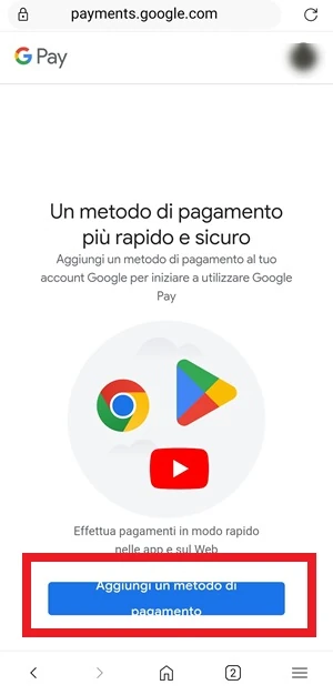 pagina dei pagamenti dei google da cui è visibile un pulsante blu con la scritta aggiungi un metodo di pagamento