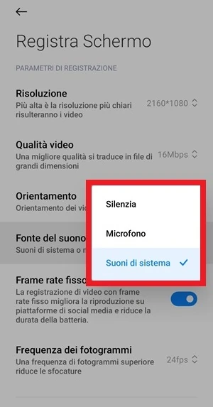 dalle impostazioni dell'app registra schermo della miui è evidenziata la voce fonte del suono e in un riquadro sono visibili le voci silenzia, microfono e suoni di sistema