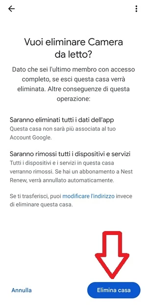 da google home nella schermata vuoi eliminare camera da letto? c'è il pulsante elimina casa in blu indicato con una freccia rossa
