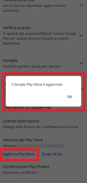 messaggio su schermo il google play store è aggiornato e aggiorna play store con un riquadro in rosso