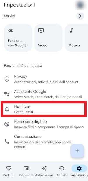 dalle impostazioni di google home, la voce notifiche è inquadrata in rosso