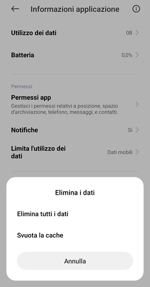 dalla schermata informazioni applicazione dell'app registra schermo della miui è aperta la finestra elimina i dati con le voci elimina tutti i dati e svuota la cache